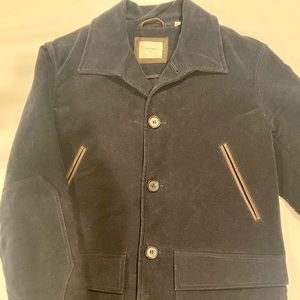 Billy Reid Navy Top Coat.  100% Cotton Shell, trimmed in Calf Skin leather.